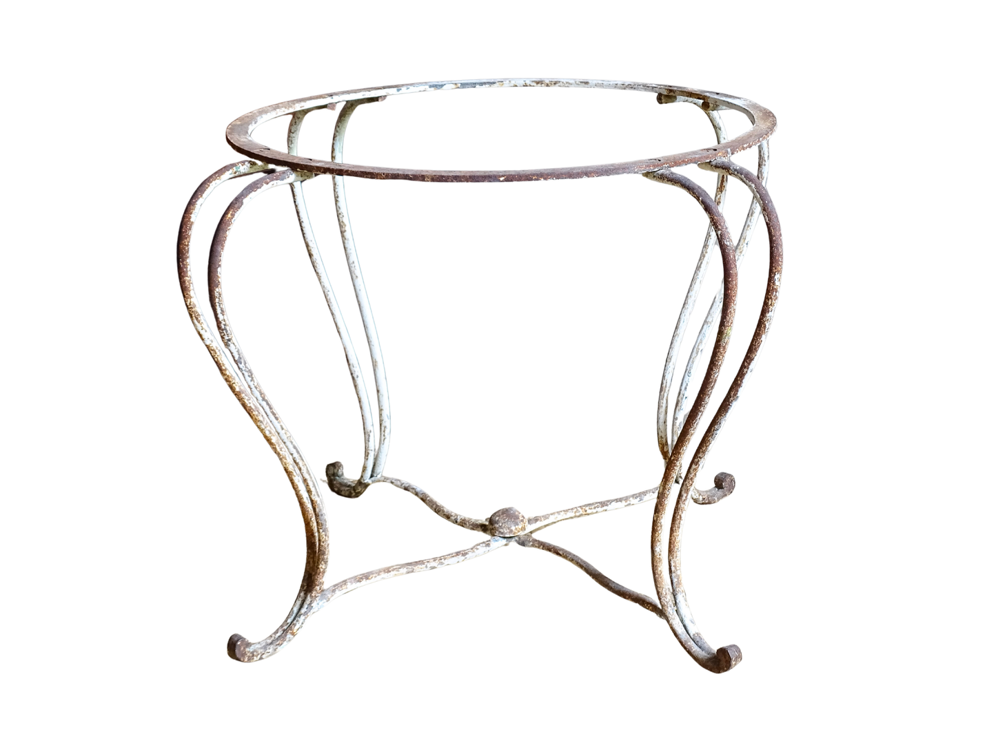 French antique wrought iron patio table base, early 20th century, round support ring with scrolled legs. Designed for a marble or stone top, suitable for a terrace or garden setting.