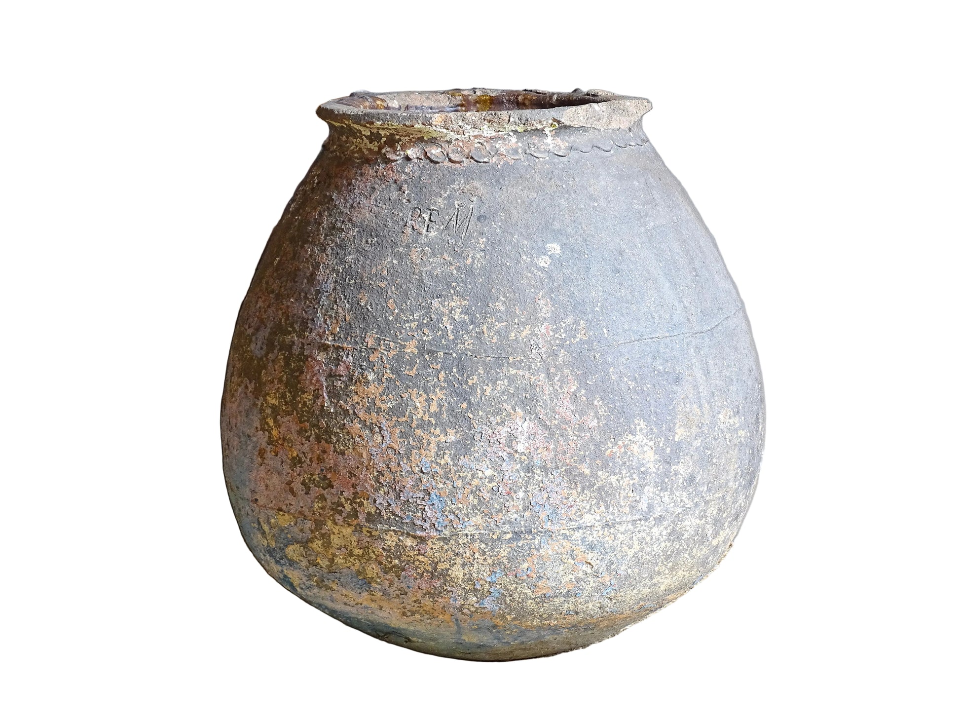 A large, early 19th century French antique terracotta pot, known as a ponne (salting pot), sourced in the Bordeaux region and likely Charentais in origin. This example has a beautifully rounded, generous form with a rolled rim. The surface is particularly special, showing layers of time, wear and historic pigment. Traces of faded blue and earthy tones remain across the body, creating a richly textured patina. 
