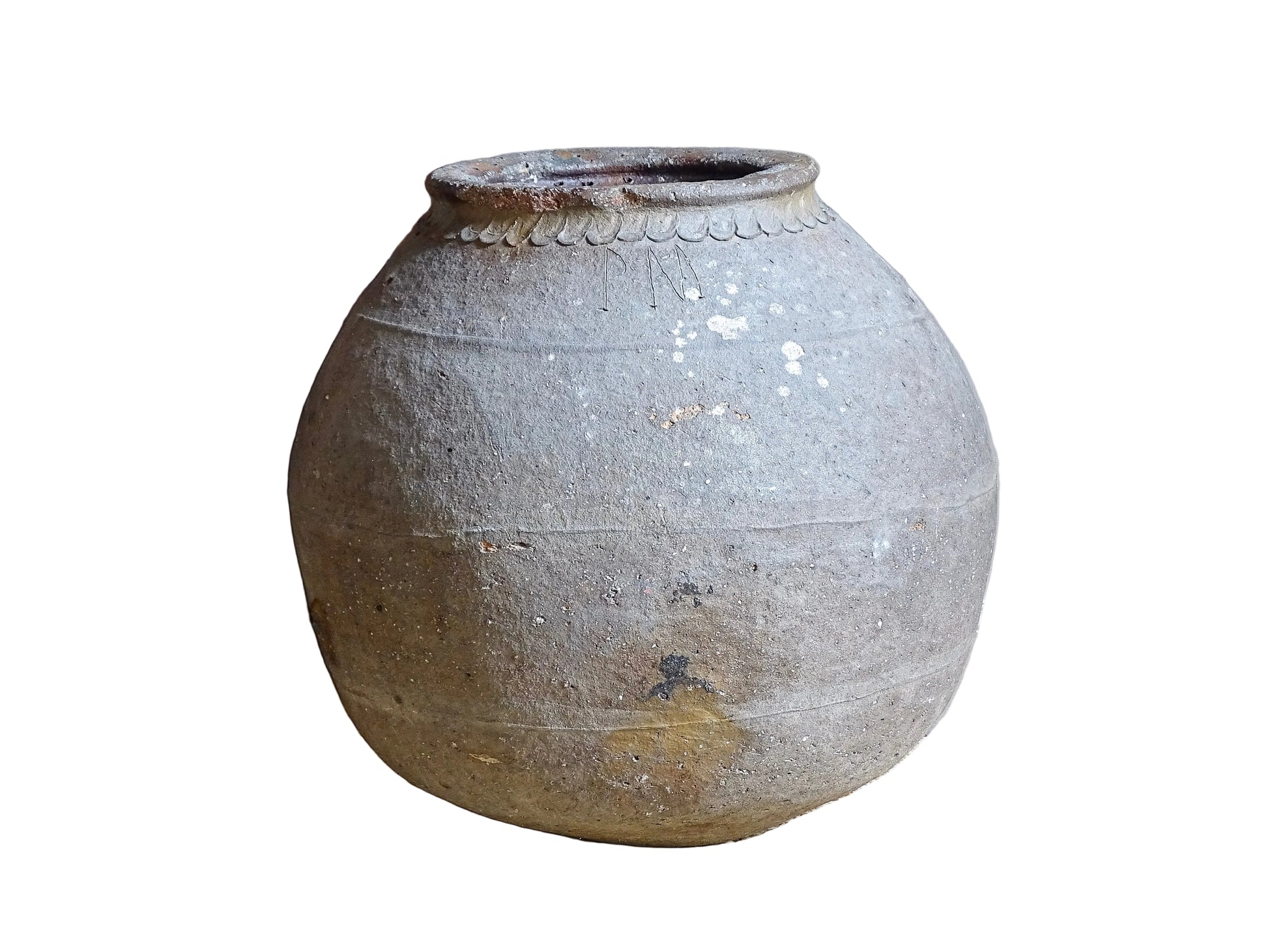 A large early 19th century French antique terracotta pot, known as a ponne (salting pot), sourced in the Bordeaux region and likely Charentais in origin.
It has a particularly sculptural form, with a rounded body rising to a thick rolled rim and a simple incised band beneath the shoulder. The surface has developed a beautifully weathered patina over time, with areas of natural wear.