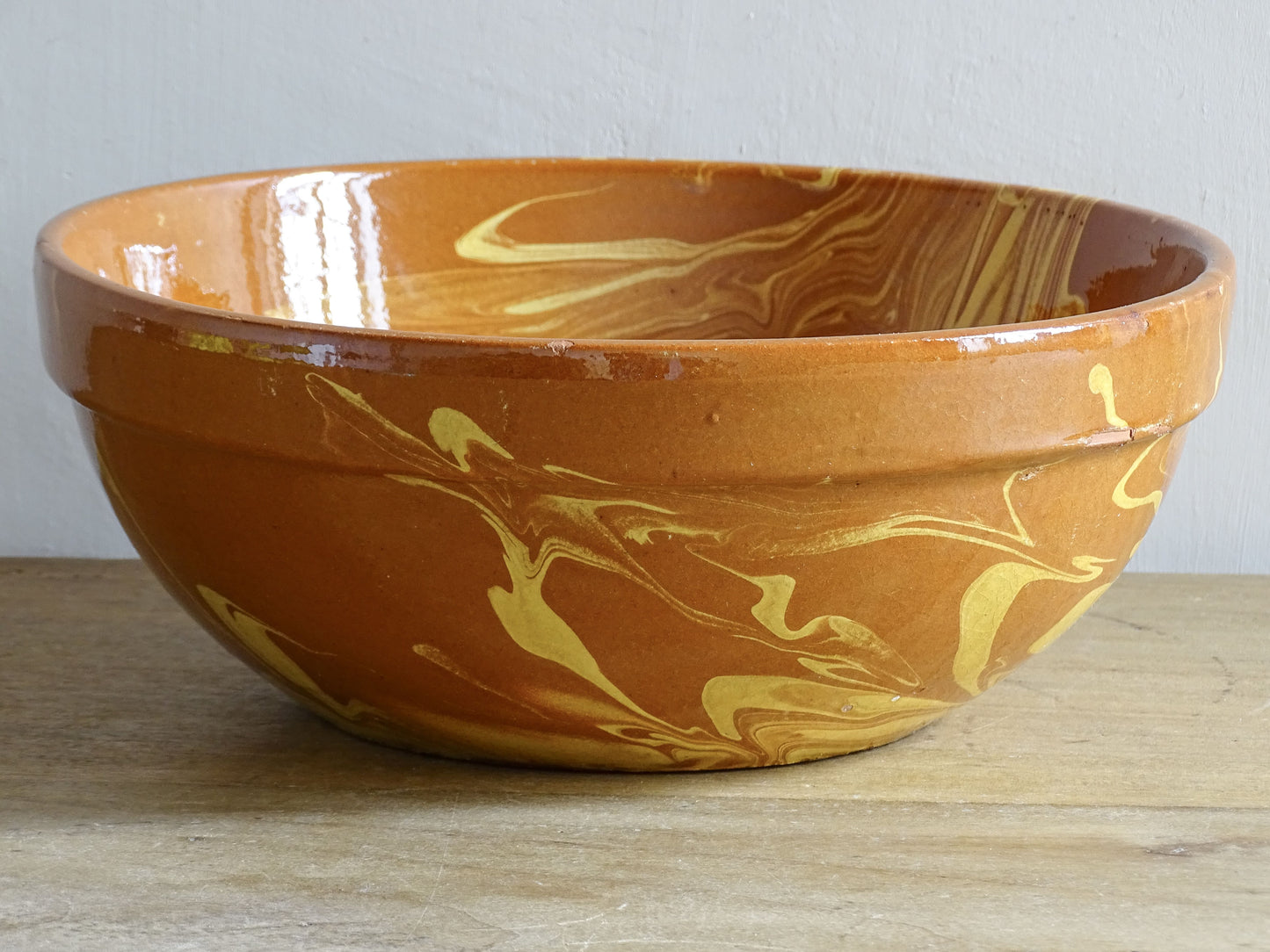 Large French country terracotta bowl with traditional jaspe marbled glaze