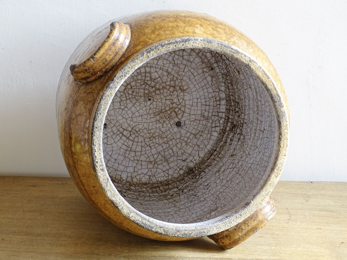 French antique ceramic pot. Pottery with patina.