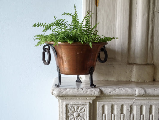 French antique copper planter with wrought iron loop handles, pictured with a fern on a country house fireplace, next to a pale blue wall