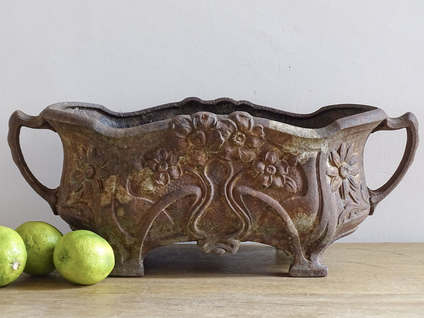 French antique cast iron planter in Art Nouveau style with floral decoration and twin handles.