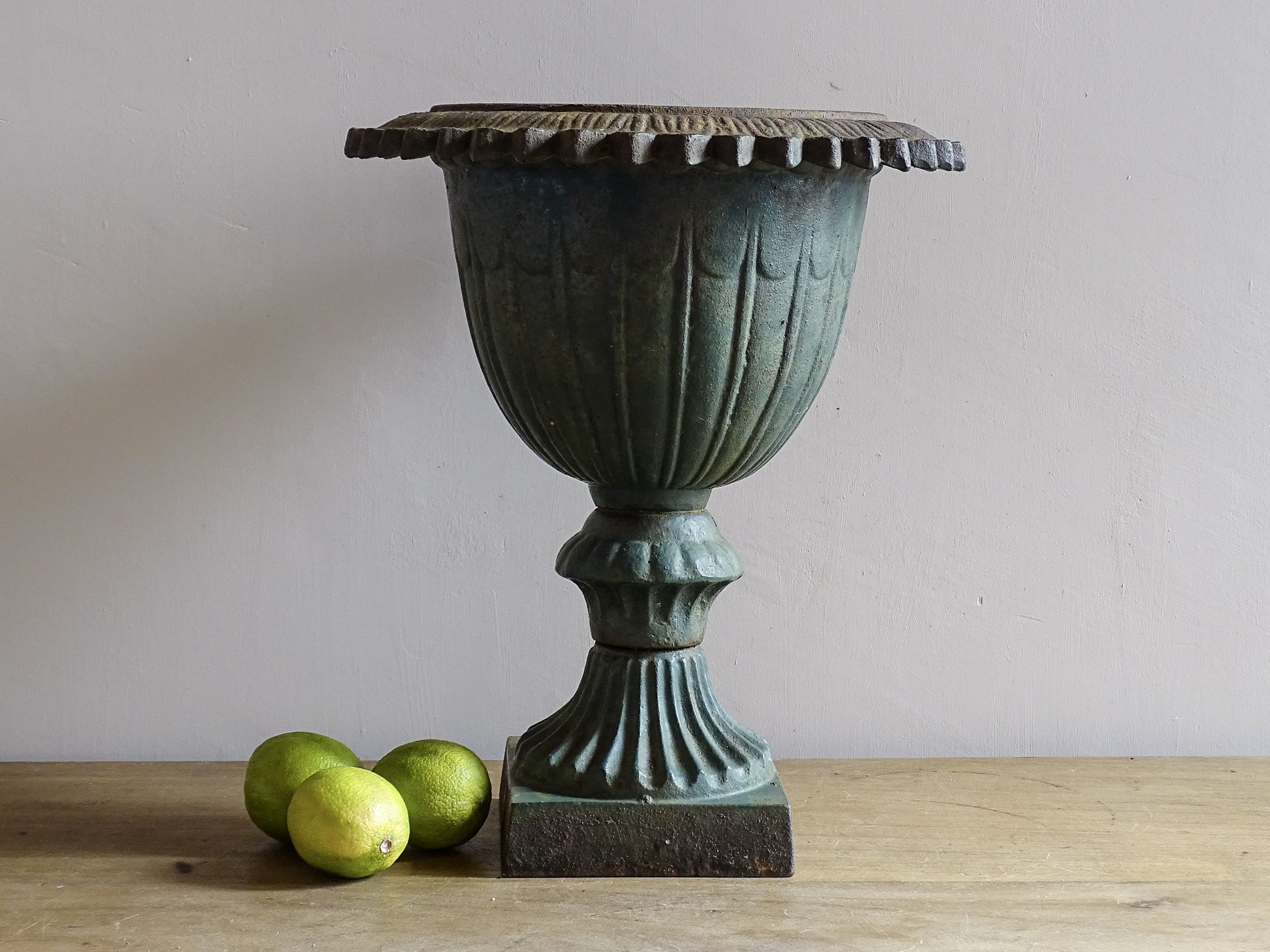 French antique cast iron garden urn with fluted bowl and pedestal base