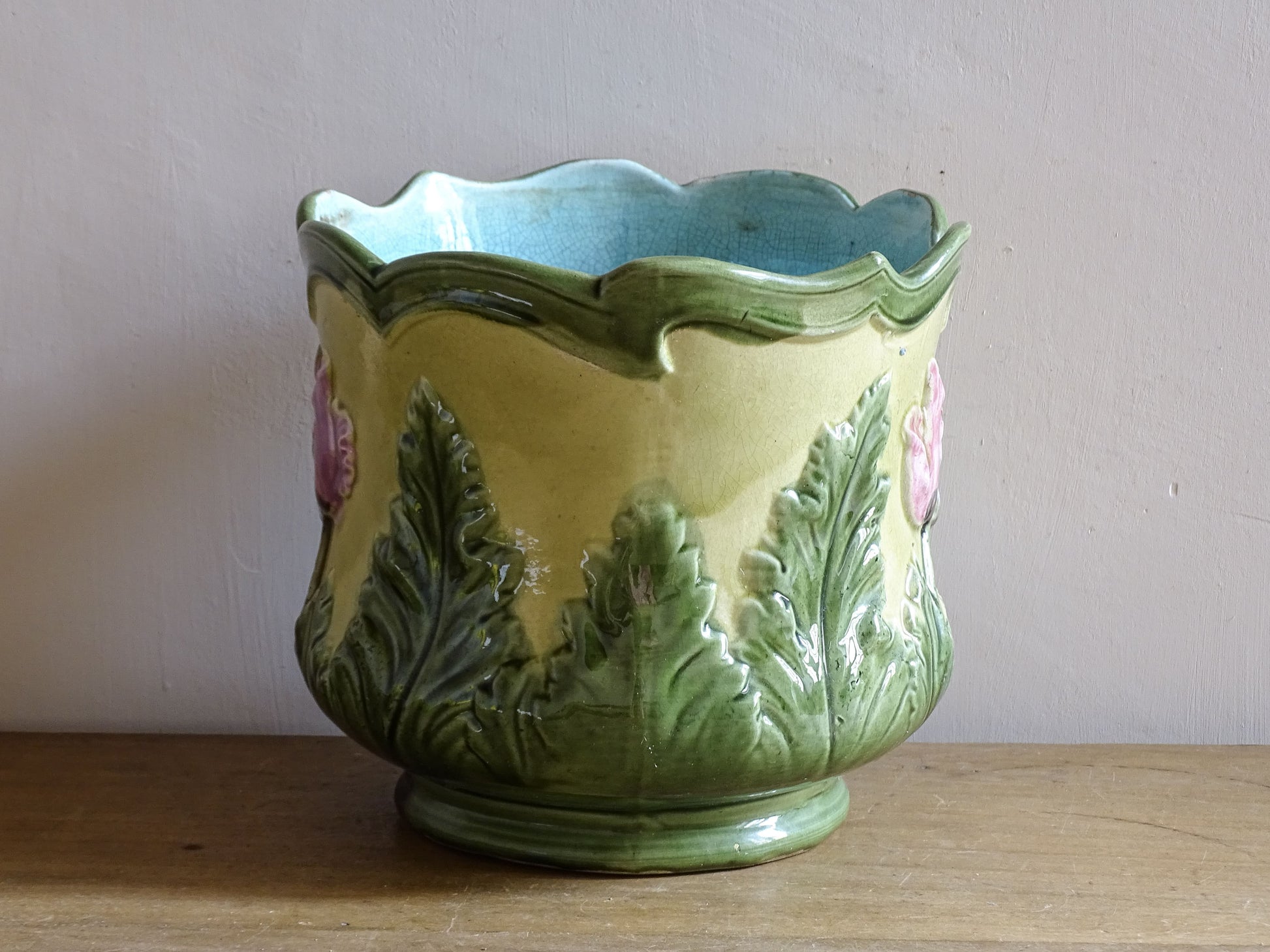 Art Nouveau ceramic planter with turquoise interior glaze