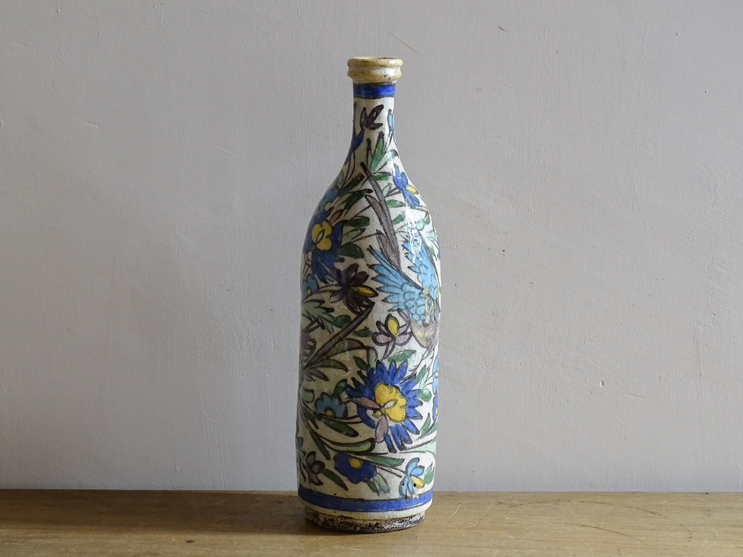 Ottoman revival ceramic bottle decorated with birds among flowers.