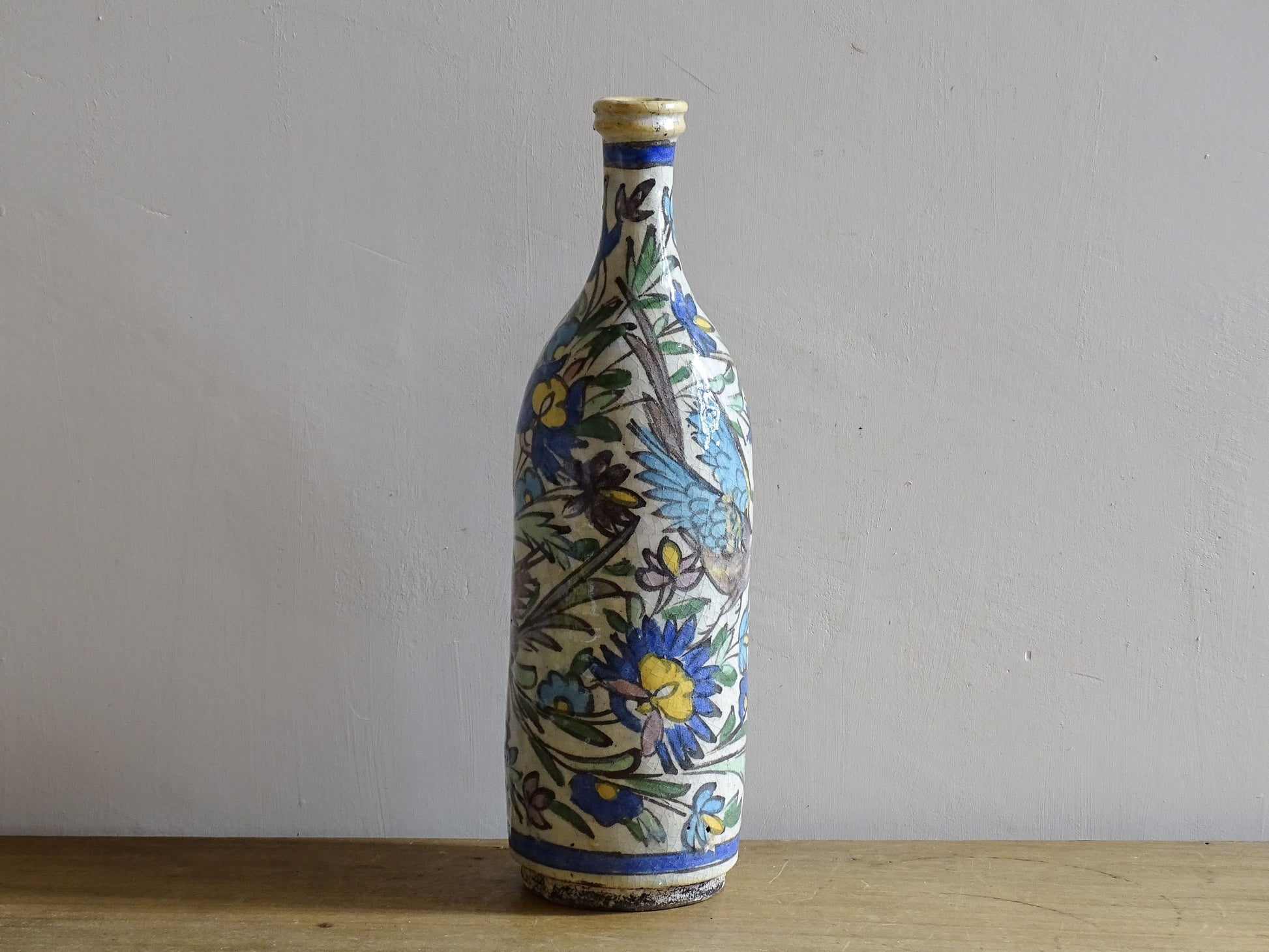 Ottoman revival ceramic bottle decorated with birds among flowers.