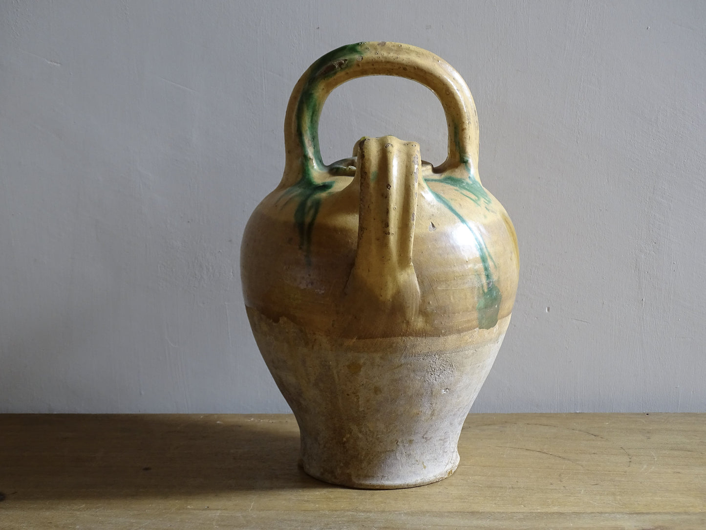 Antique southern French gargoulette water vessel with yellow glaze
