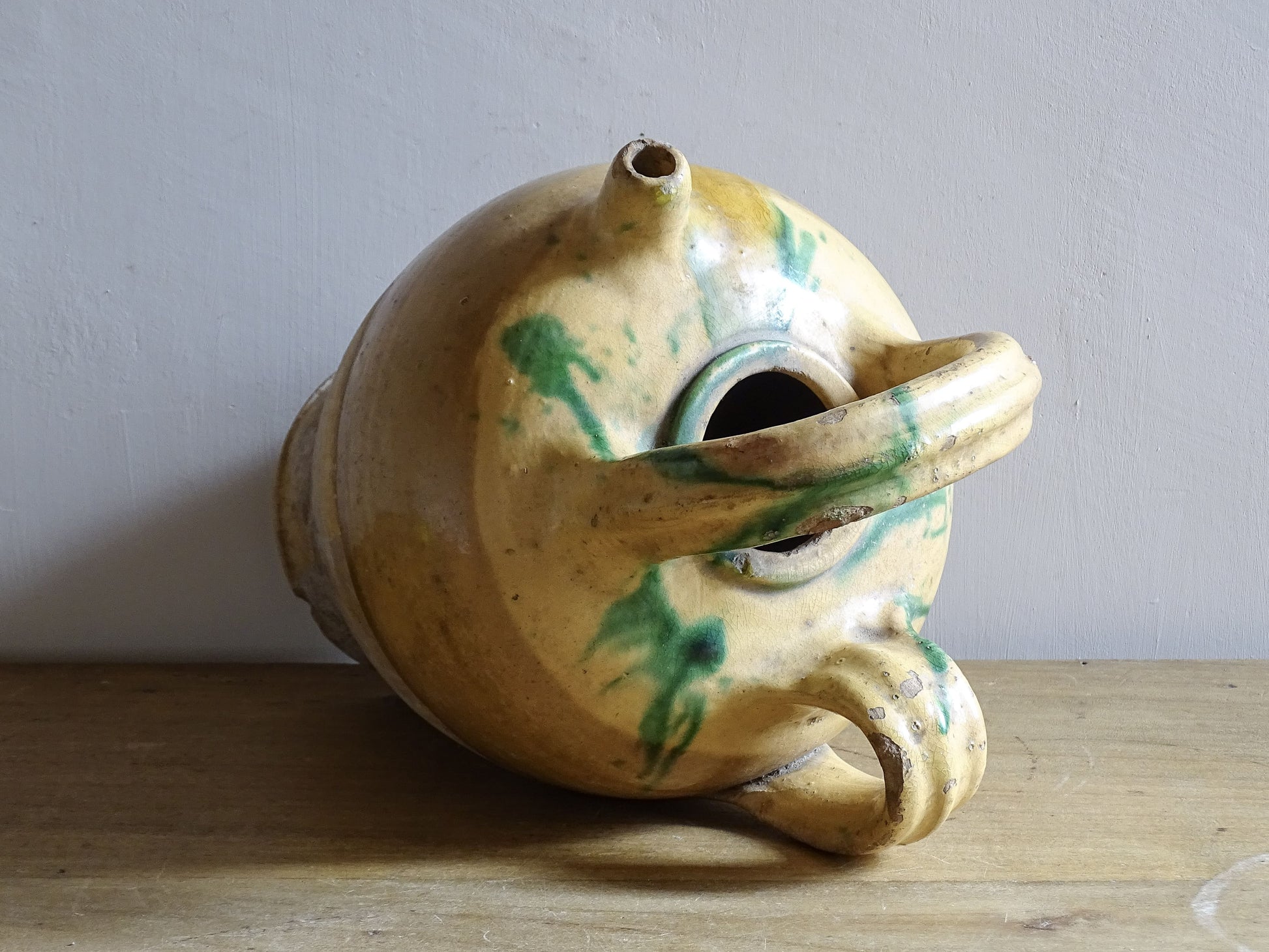 Provençal gargoulette ceramic jug with green splash glaze