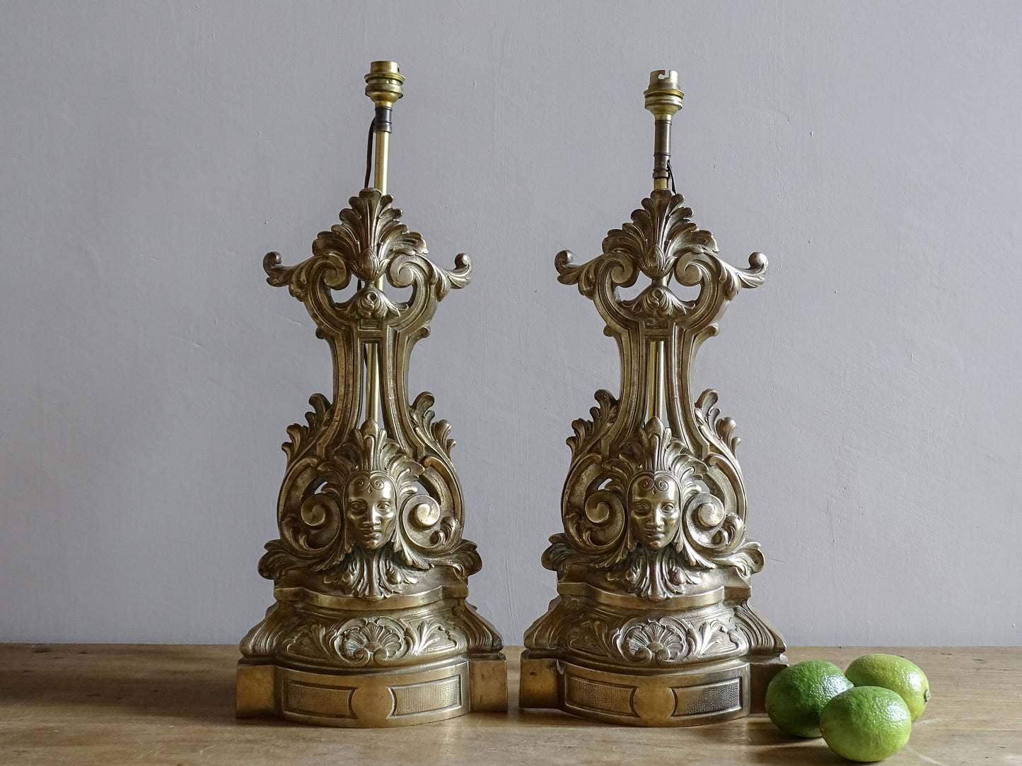 Pair of French antique brass table lamps made from andirons