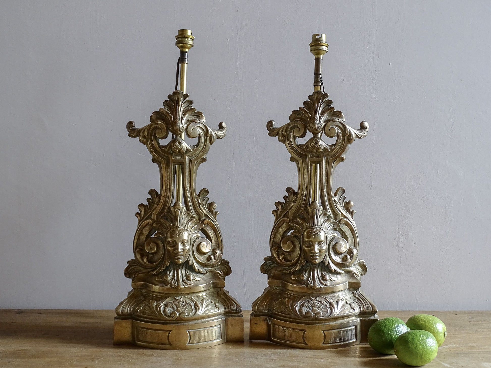 Pair of French antique brass table lamps made from andirons