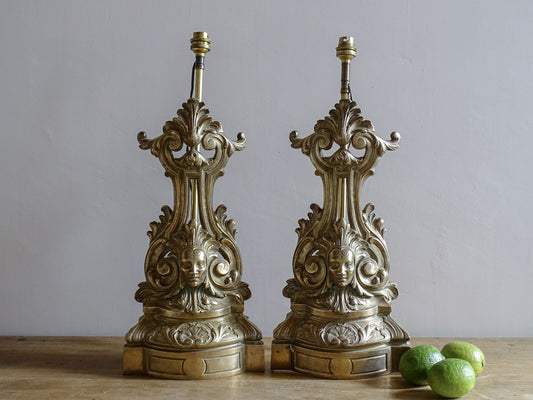 Pair of French antique brass table lamps made from andirons