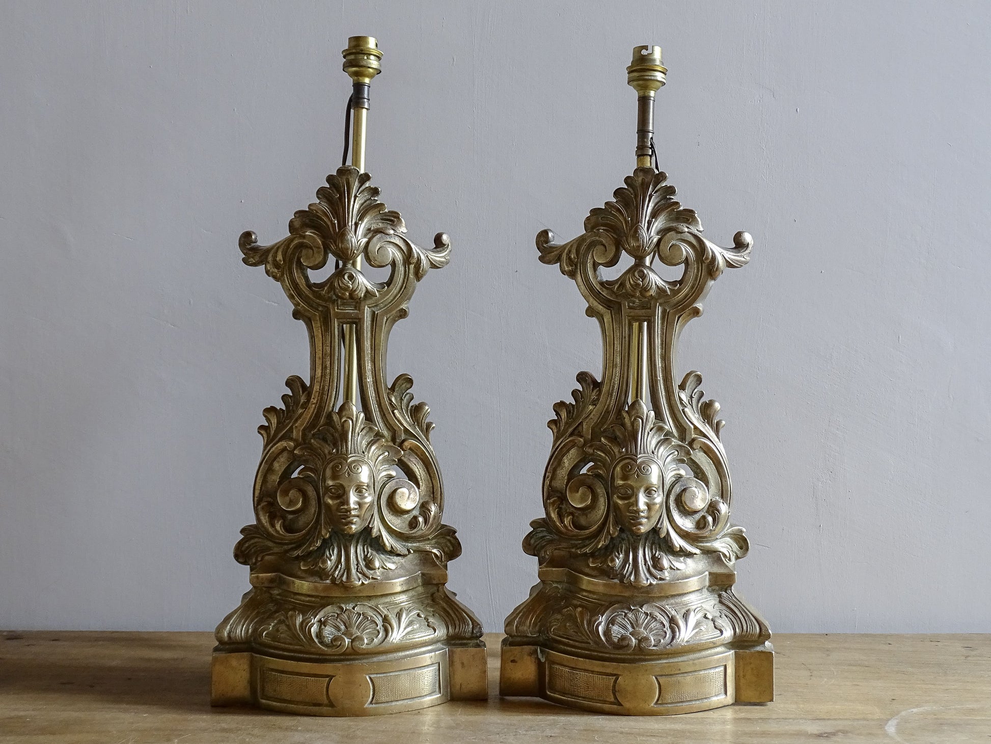 Antique French chenets converted into ornate brass table lamps