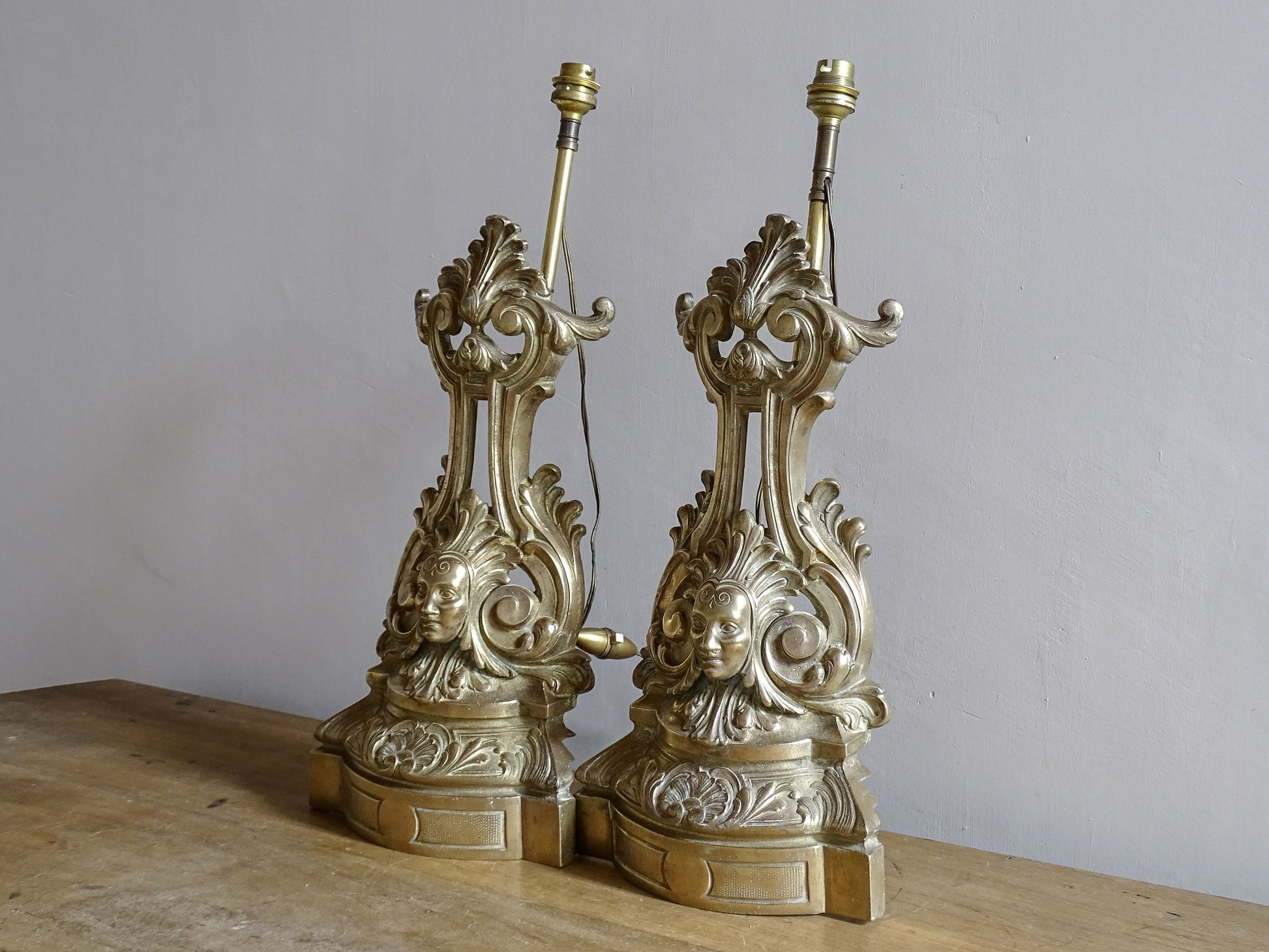 Ornate brass table lamps with acanthus leaf decoration