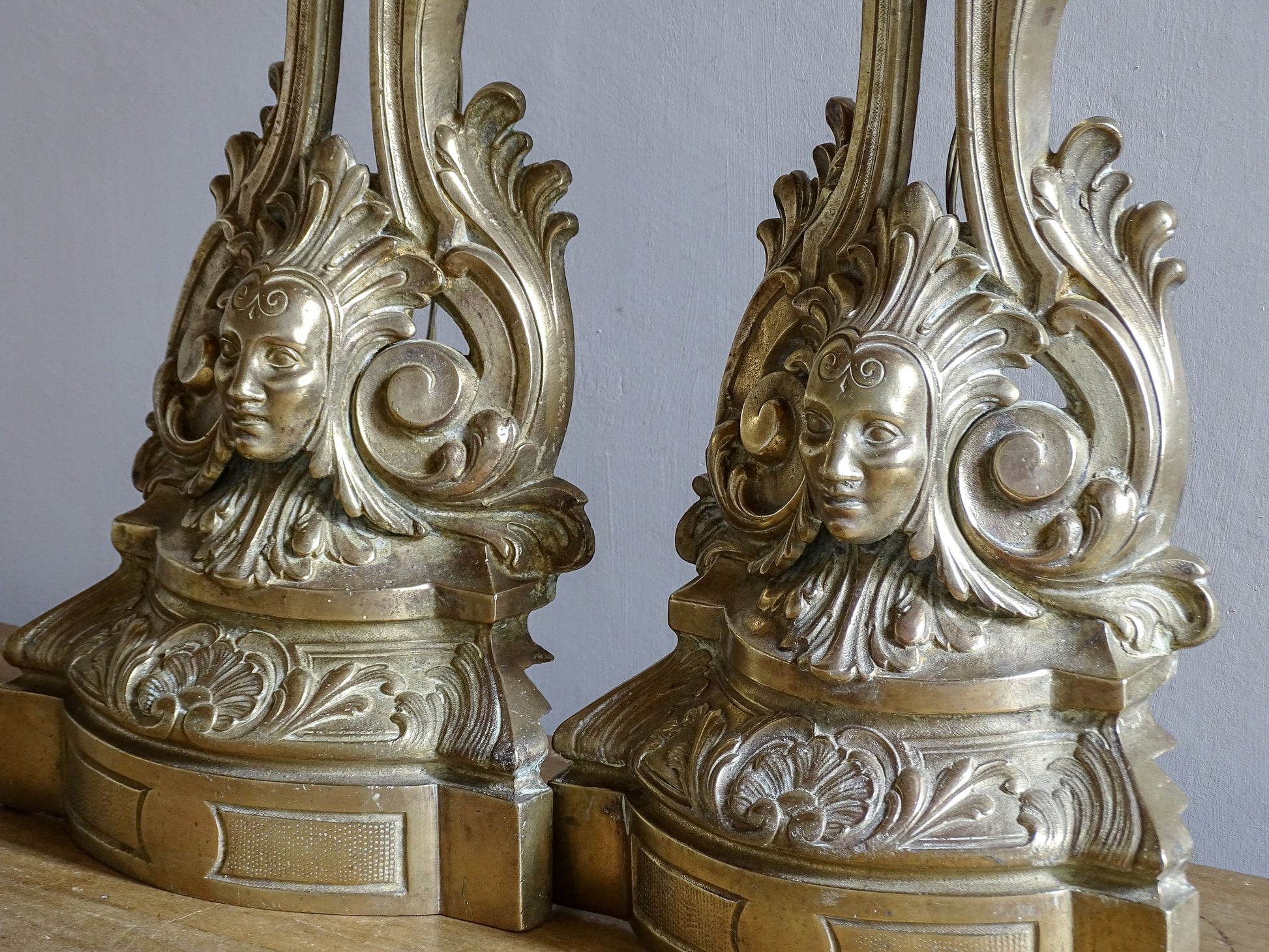 Pair of antique French fireplace chenets used as lamps