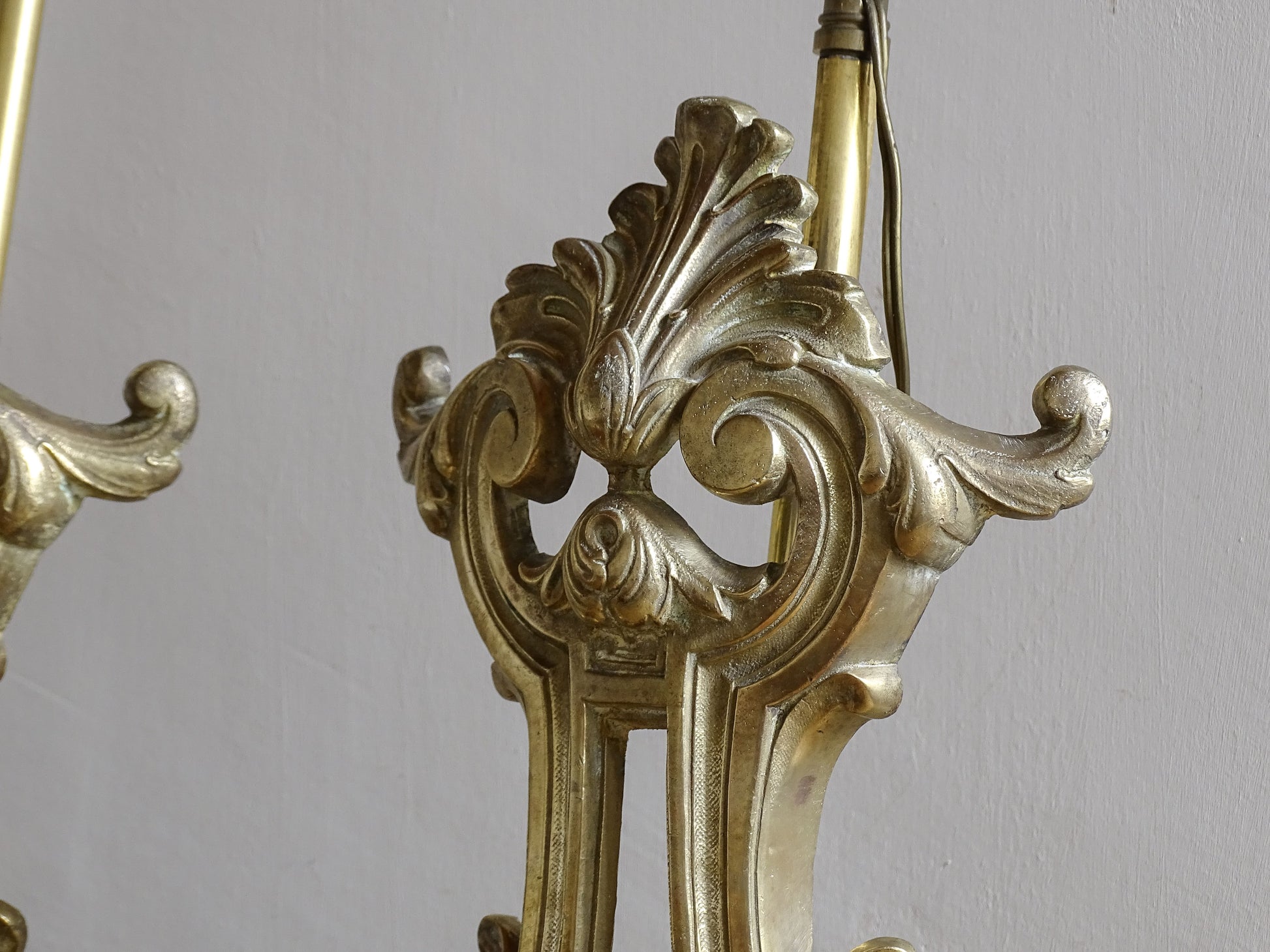 Decorative antique brass table lamps made from French fireplace andirons