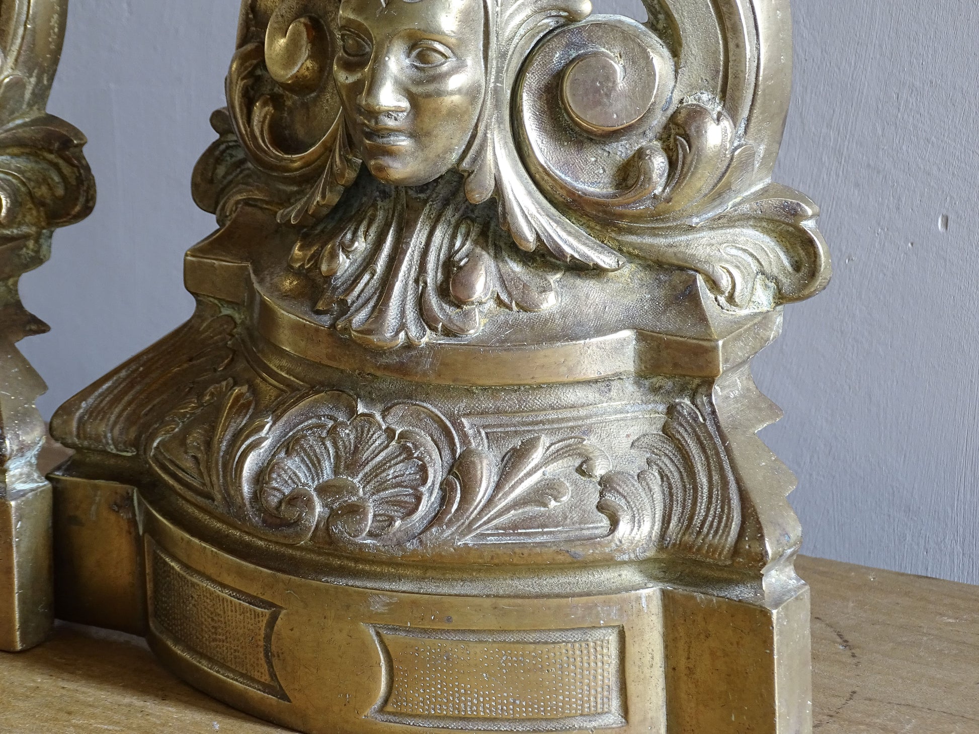 French antique brass statement lamps with classical motif and sculptural form