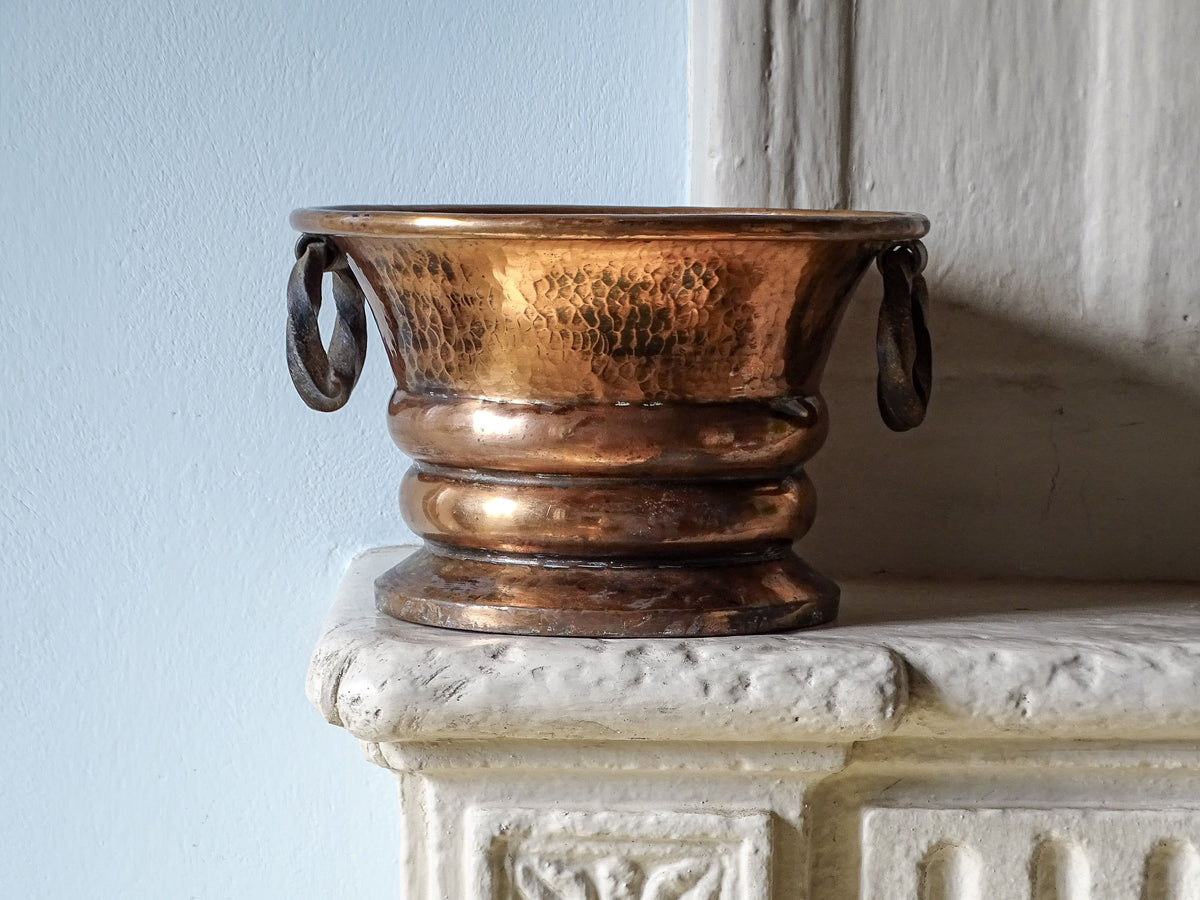French antique copper planter with hammered body and wrought iron, twisted handles