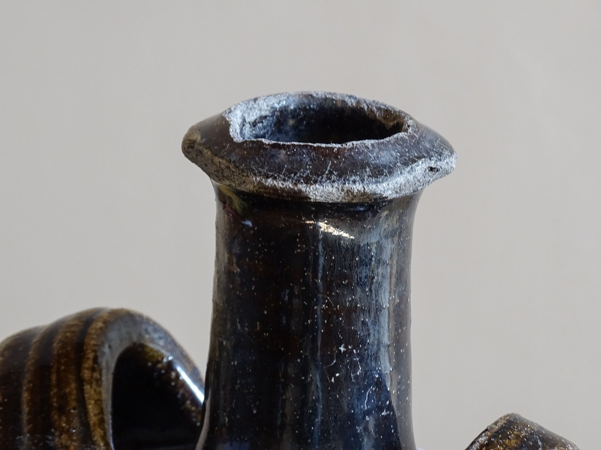 Antique French pottery cruche with missing side spout detail