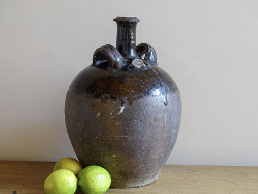 French antique earthenware cruche with twin handles and brown glaze