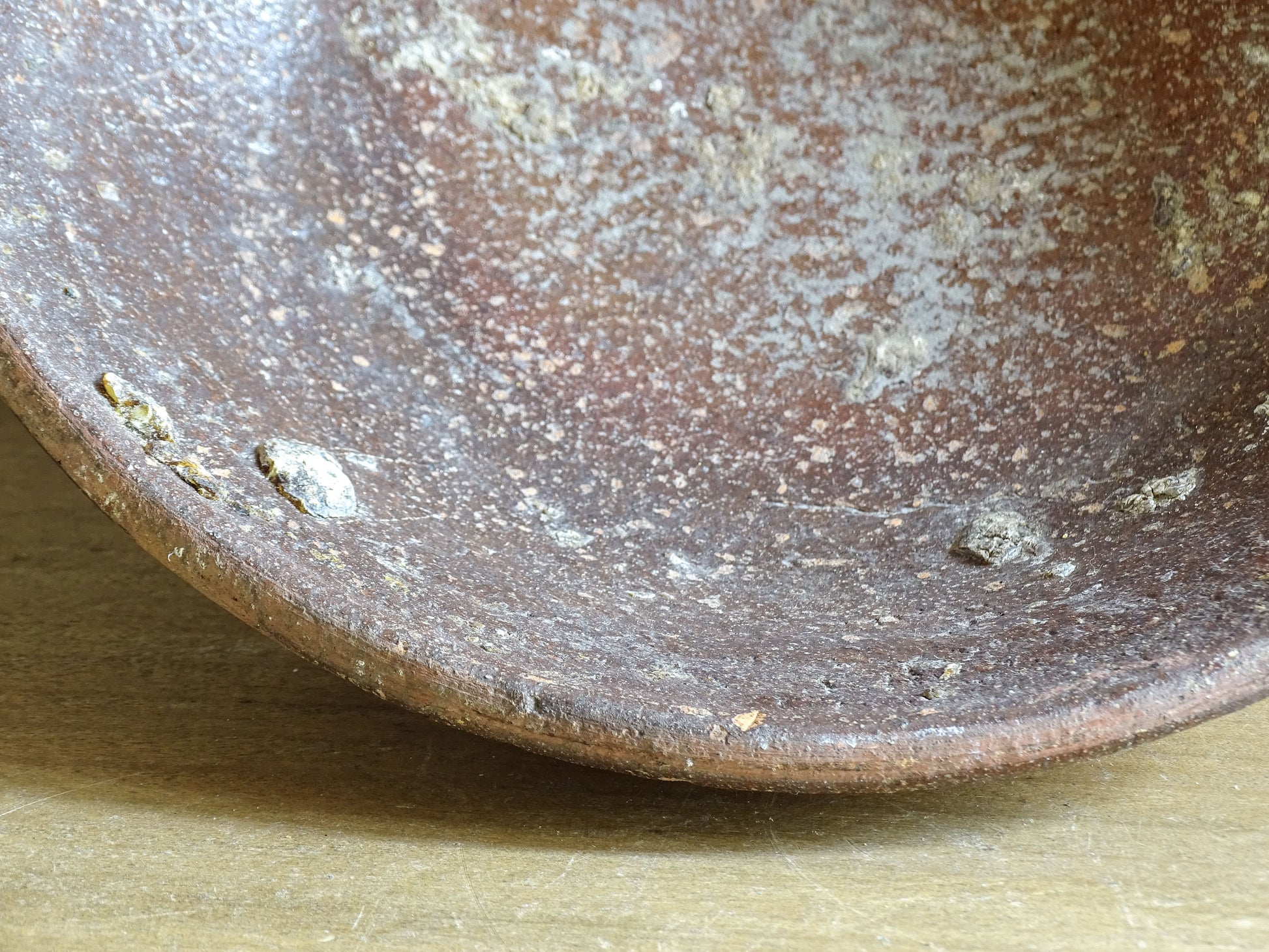 Antique French kitchen bowl with brown glaze and shallow form