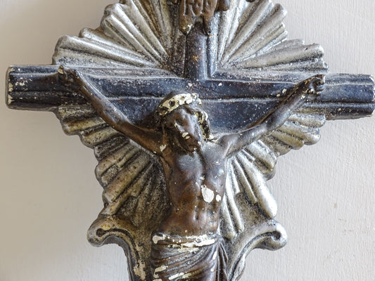 Antique French wall crucifix with integrated bénitier and worn painted finish