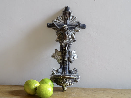 French antique bénitier crucifix in painted plaster with holy water font