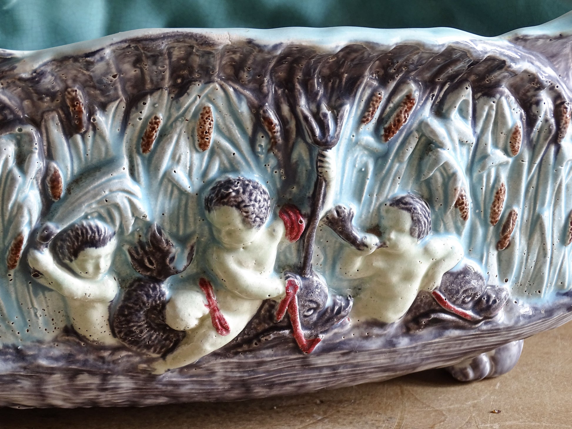 majolica planter pot French Antique Barbotine Cache Pot with Cherubs