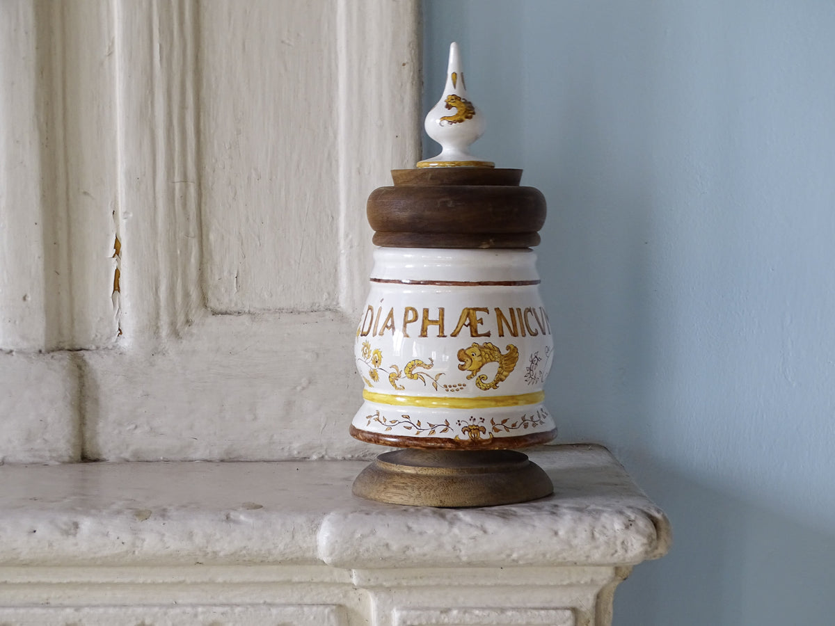 French vintage ceramic pharmacy jar with wooden lid