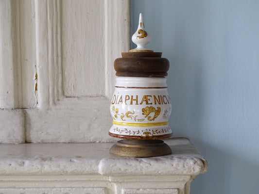 French vintage ceramic pharmacy jar with wooden lid