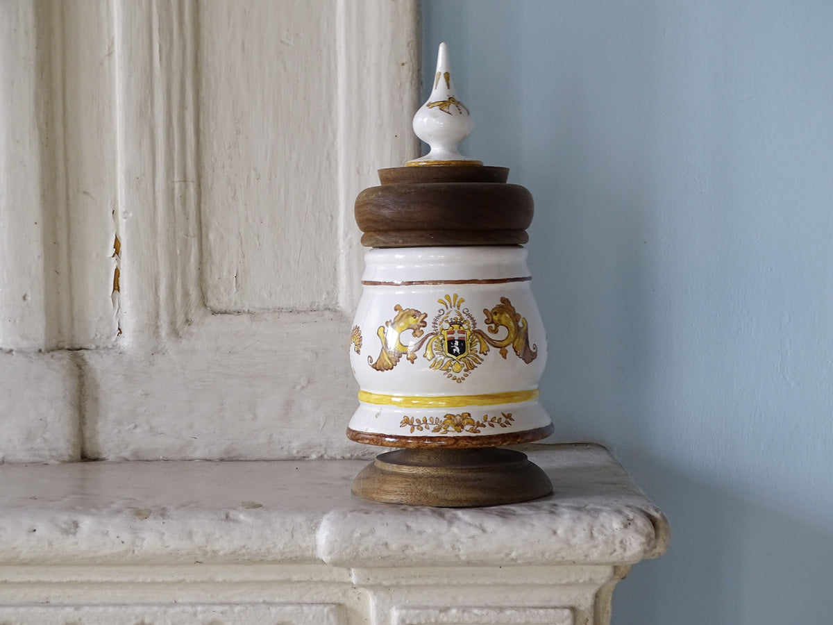 Vintage French ceramic apothecary jar with wooden lid