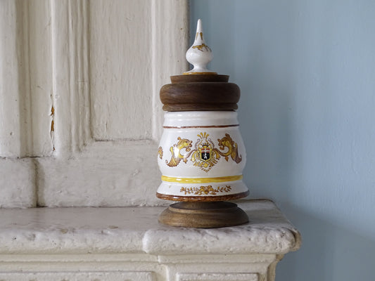 Vintage French ceramic apothecary jar with wooden lid