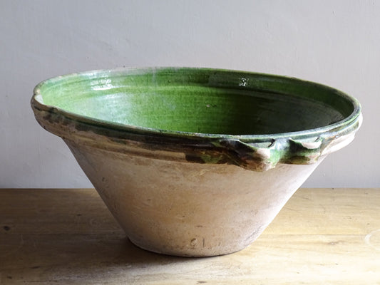 Large Antique French Tian Bowl with Green Glaze, Earthenware 18.1"