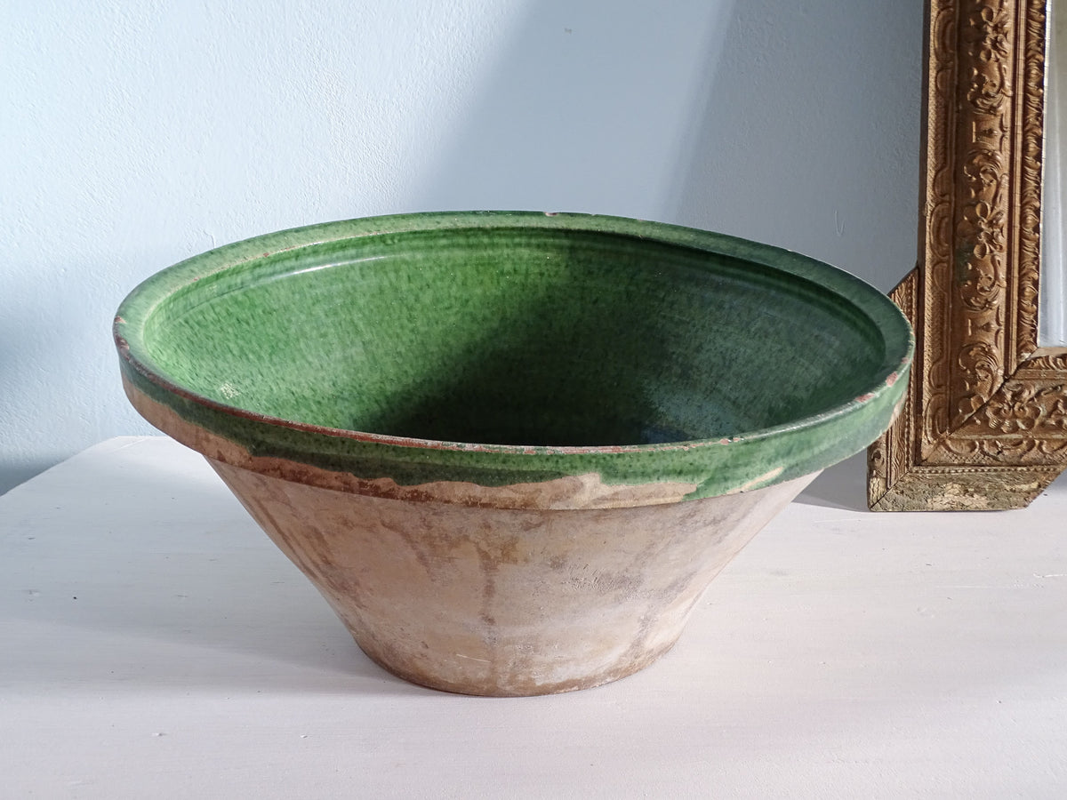 French antique earthenware tian bowl with a green glaze interior
