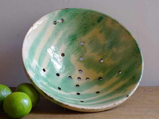 French vintage ceramic colander bowl with green glaze