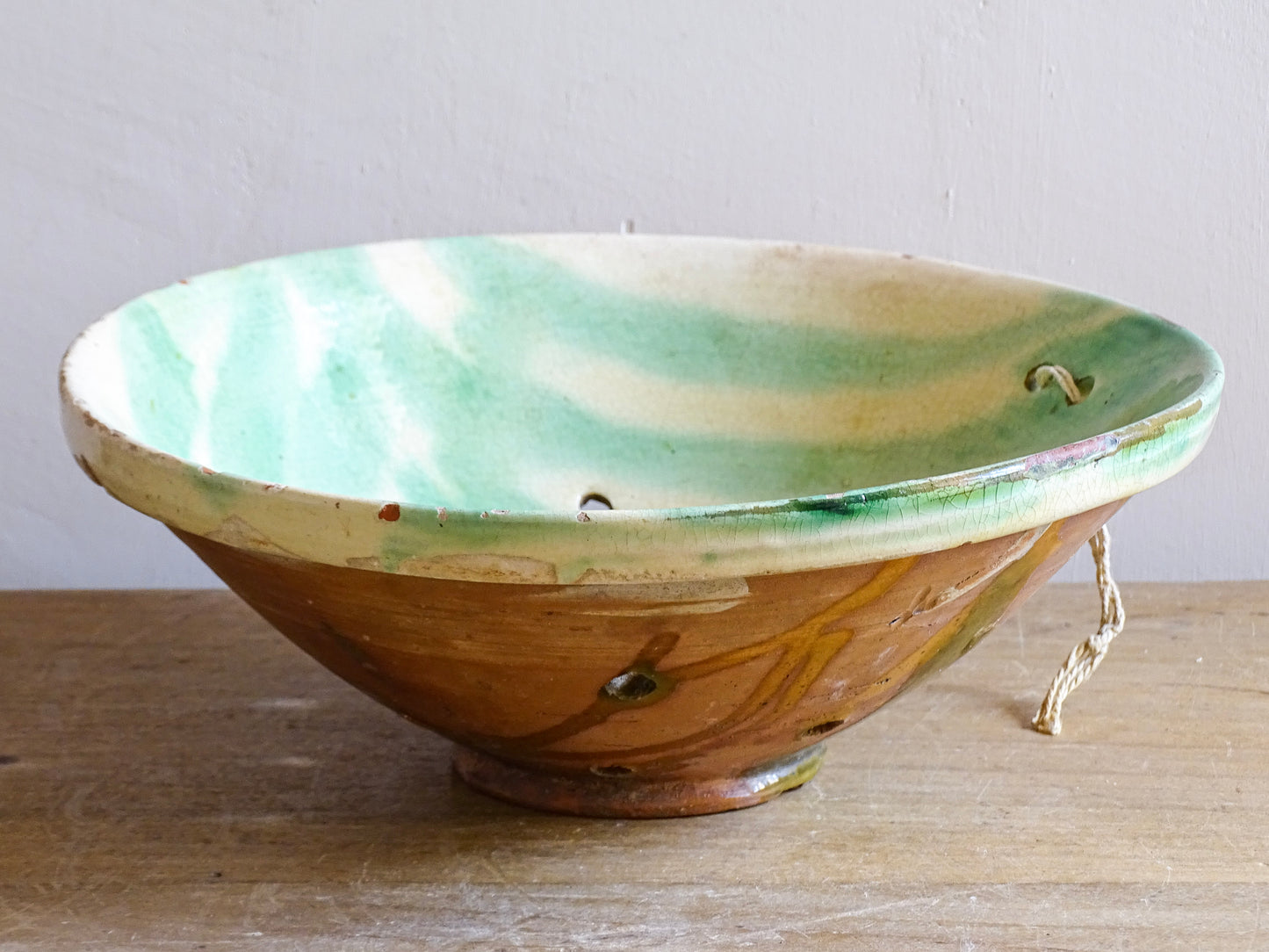 French farmhouse pottery colander bowl with drainage holes
