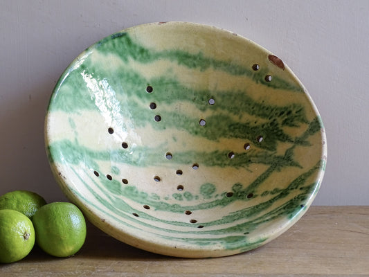 French vintage ceramic strainer bowl with green and yellow glaze