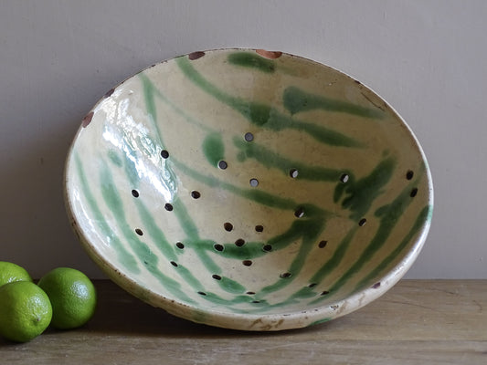Large French vintage ceramic colander bowl with green glaze