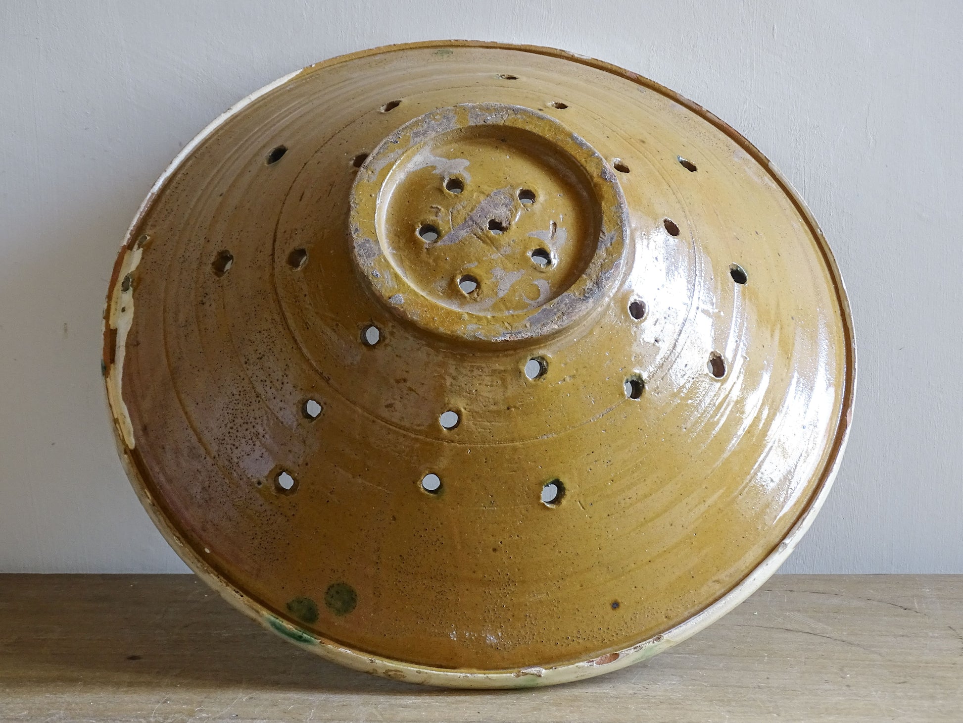 Large French vintage earthenware colander for kitchen or table use