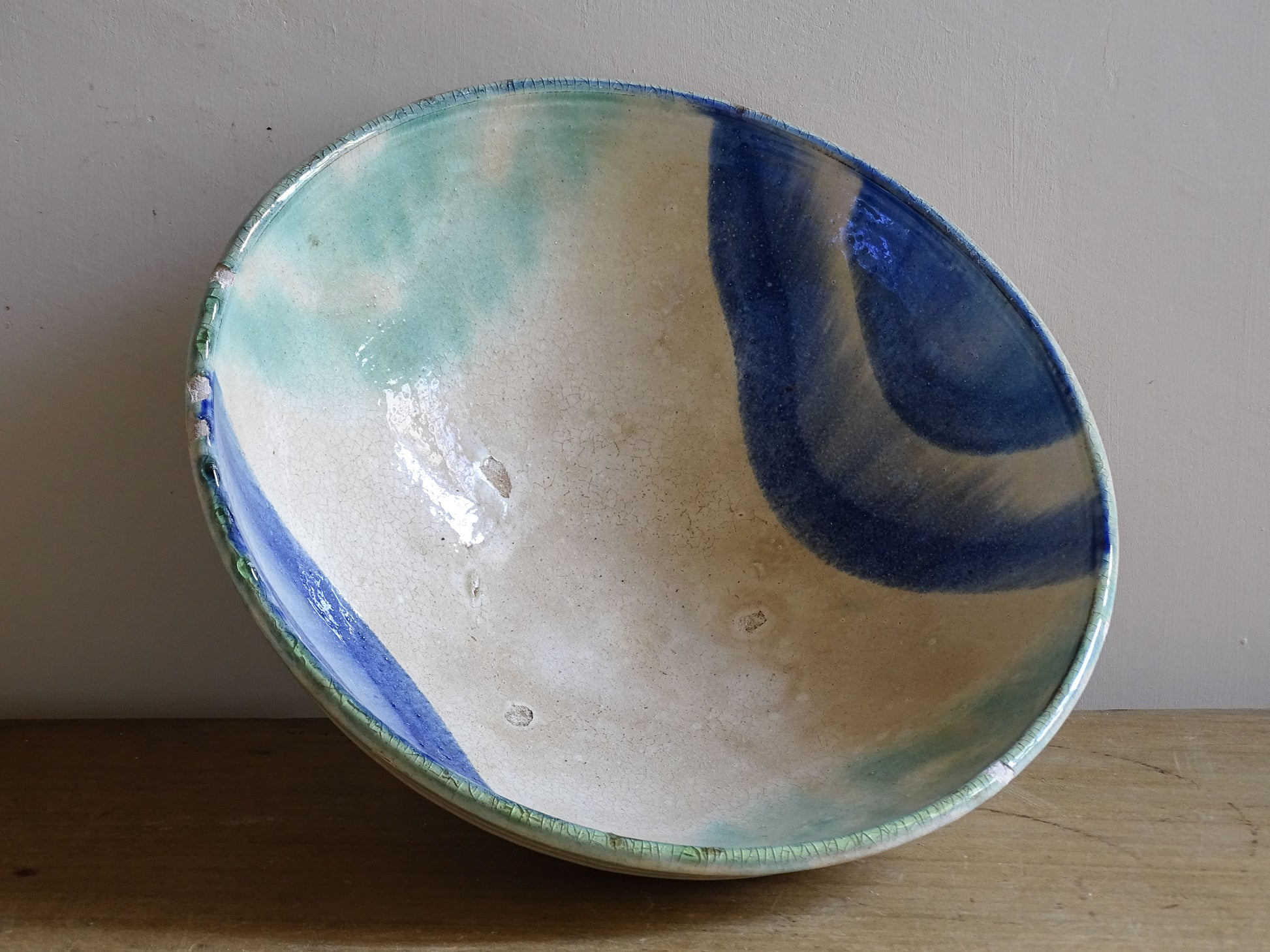 Vintage French ceramic centrepiece bowl with striking turquoise tones