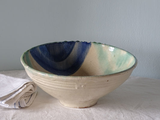 French vintage glazed pottery bowl in blue and turquoise