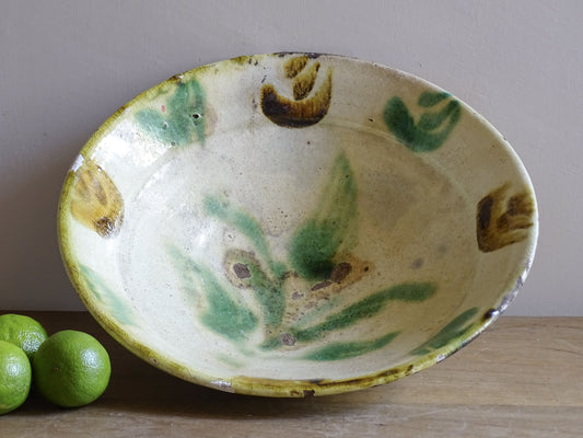 French antique earthenware bowl with green and manganese glaze, wide shallow serving bowl
