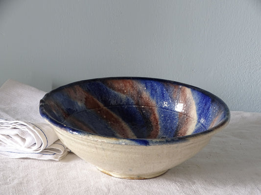 French vintage ceramic bowl with blue and manganese glaze