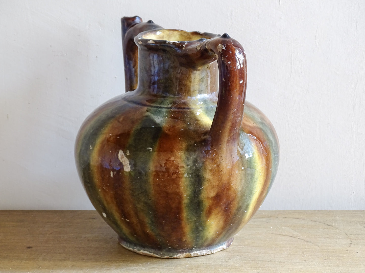 French Glazed Pottery Orjol with Twin Handles, Striped Green and Ochre Glaze