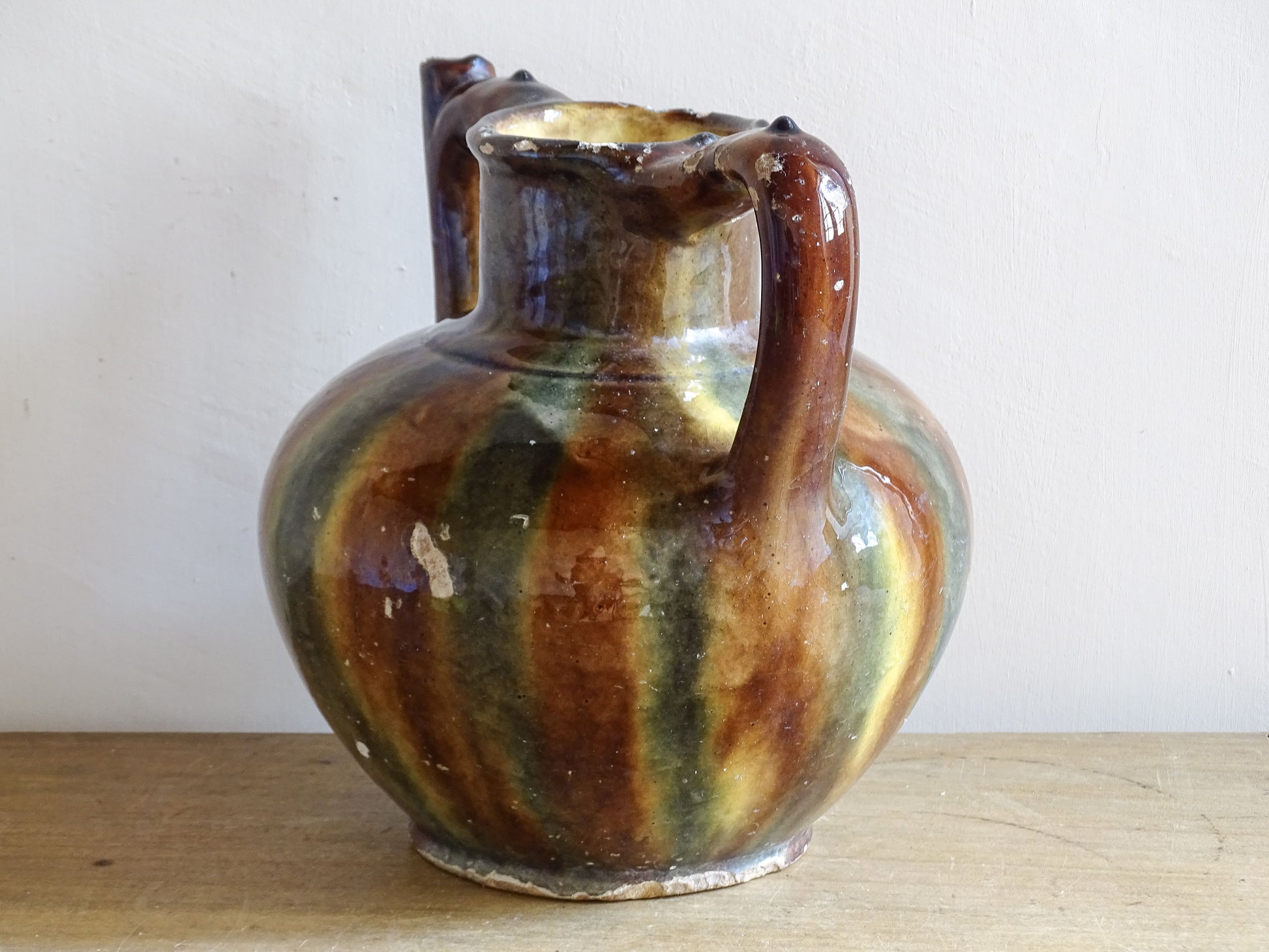 French Glazed Pottery Orjol with Twin Handles, Striped Green and Ochre Glaze