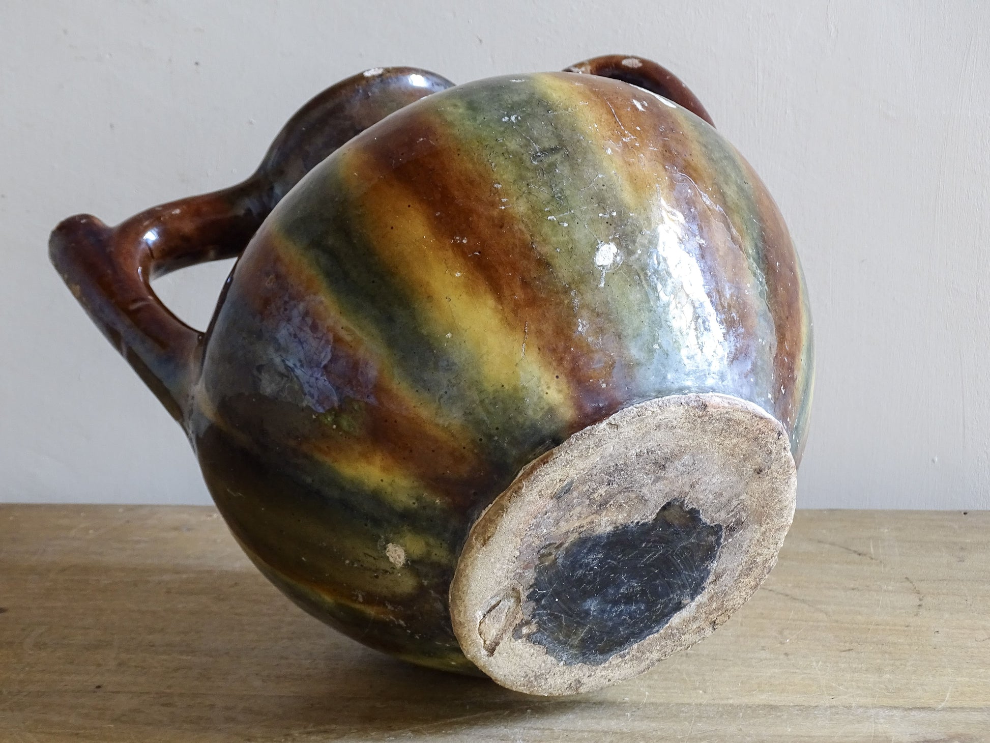French Glazed Pottery Vessel Twin Handles Green Ochre Striped Glaze