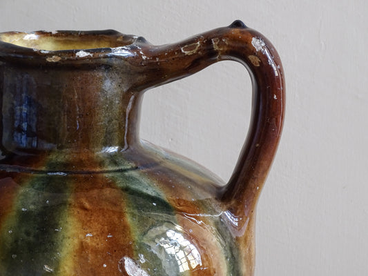 Antique French ceramic vessel with striped glaze and rounded form