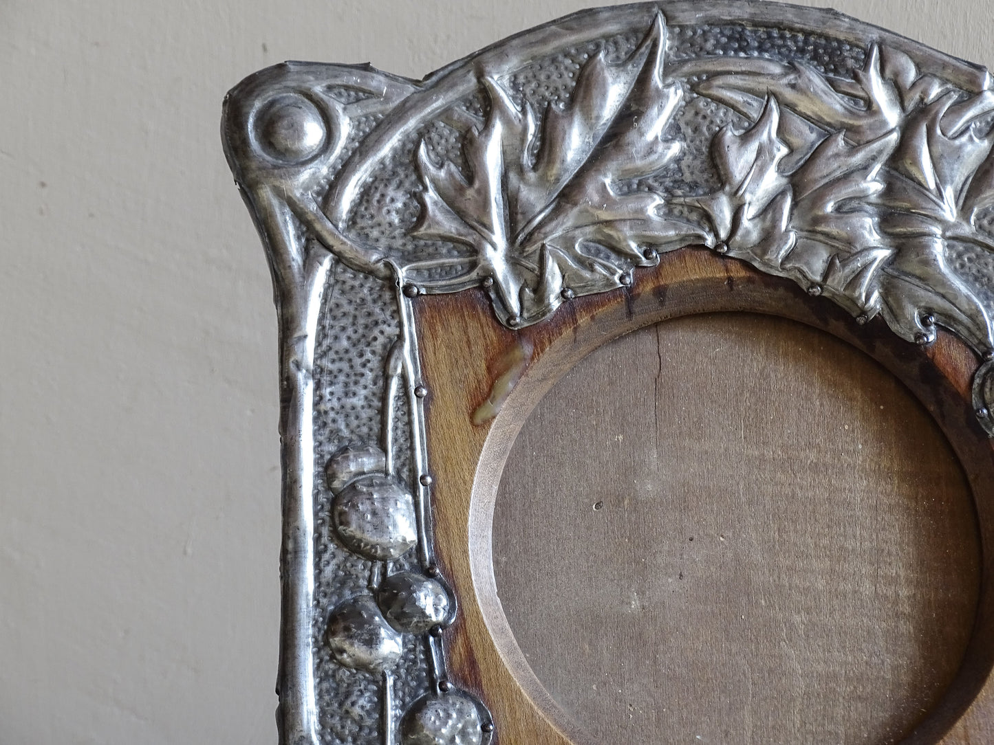 Antique French photo frame with embossed pewter over wood