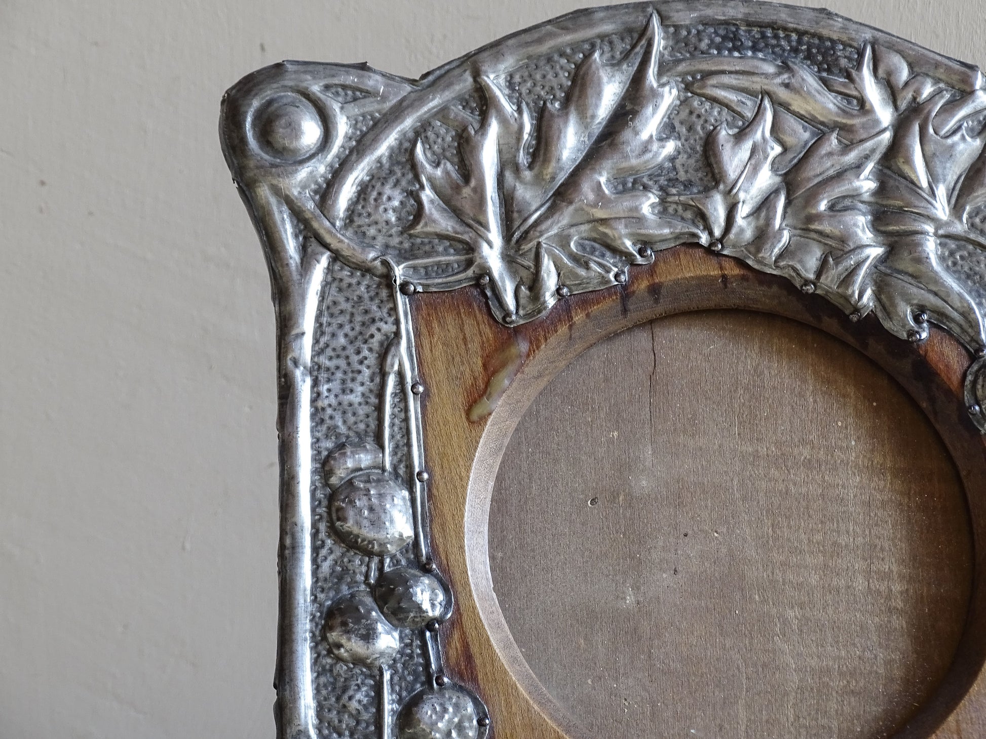 Antique French photo frame with embossed pewter over wood