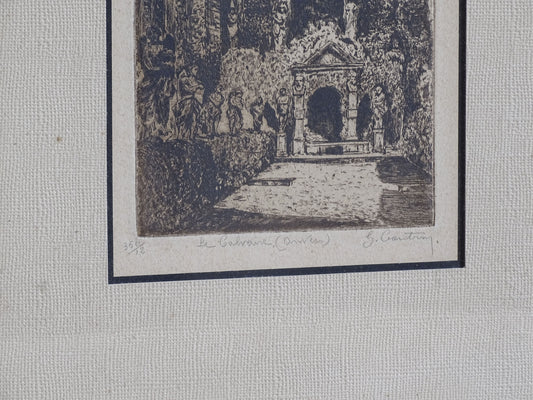 Early 20th century Belgian architectural etching with religious scene